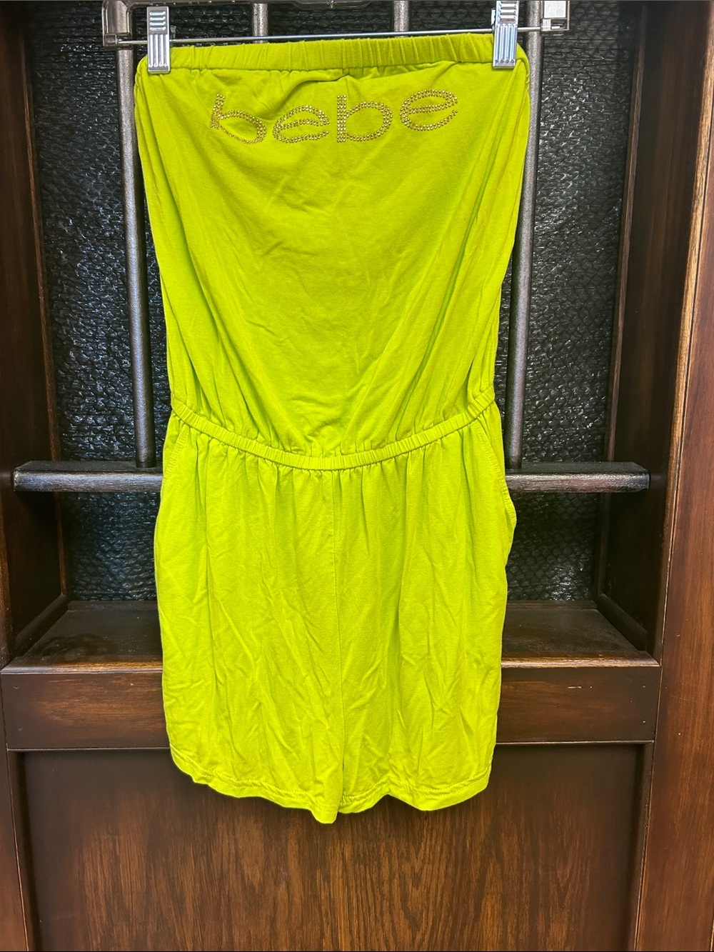 bebe Lime Green Strapless One-Piece Romper with Rhinestone Logo